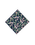 Stylish 100% cotton pocket square adorned with flowering gum motifs, blending pink and green hues against a soft blue base, ideal for weddings and special occasions