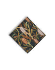 Sophisticated black pocket square adorned with delicate patterns of burnt orange, sage green, terracotta, and light pink grass tree leaves, perfect for adding a touch of nature to formal wear