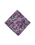 Stylish 100% cotton pocket square with a classic navy background highlighted by vibrant protea patterns, designed to elevate any suit