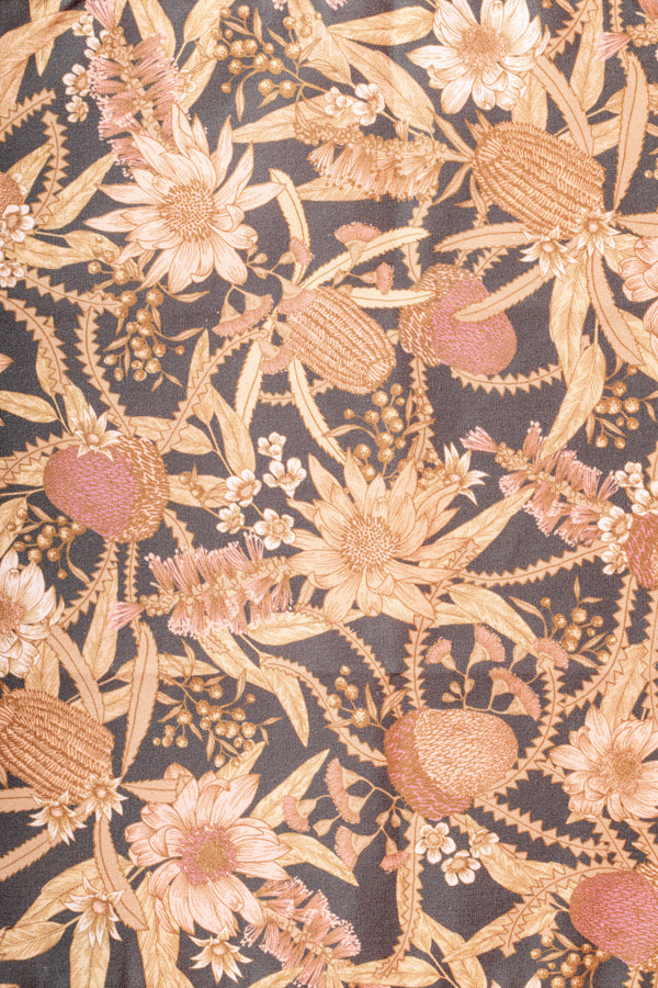 A vibrant and detailed print that captures the essence of Australia's native landscape, featuring an arrangement of Banksias, Waratah, Bottlebrush, Wattle, Flannel Flowers, and Gum Leaves. This botanical collection is set against a charcoal base, highlighting the rich colors and intricate textures of each flower and leaf