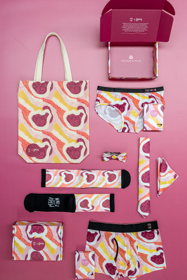 Aboriginal Wearable art. Designs on socks, ties, bags, gift boxes