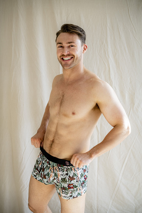 Comfortable men's underwear made from bamboo, adorned with colors and patterns inspired by the Spotted Gum tree