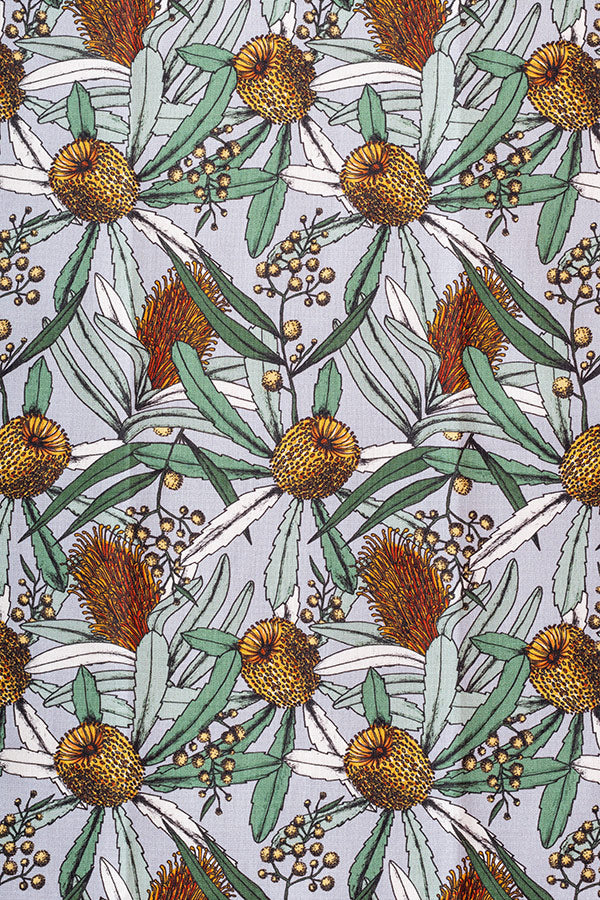 Elegant Banksia print in monochrome grey, showcasing the natural beauty of Australian flora with a sophisticated touch