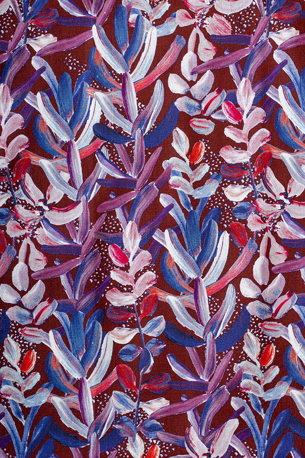 Intricate protea floral print in burgundy, featuring detailed petals and foliage that capture the essence of this flower.