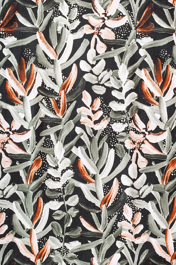 Simple and elegant print of white protea flowers against a lush forest green background, capturing the essence of the protea's unique beauty