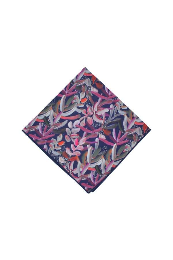 Stylish 100% cotton pocket square with a classic navy background highlighted by vibrant protea patterns, designed to elevate any suit