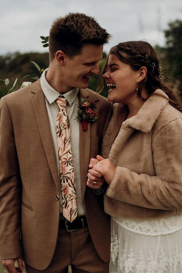 Elegant nude cotton tie featuring a Grass Tree pattern in earthy tones of mocha, burnt orange, sage green, and terracotta, perfect for sophisticated events